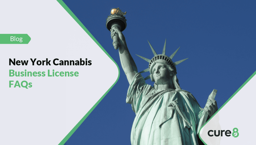 Image of the Statue of Liberty against a clear sky, with text overlay displaying 'New York Cannabis Business License FAQs.