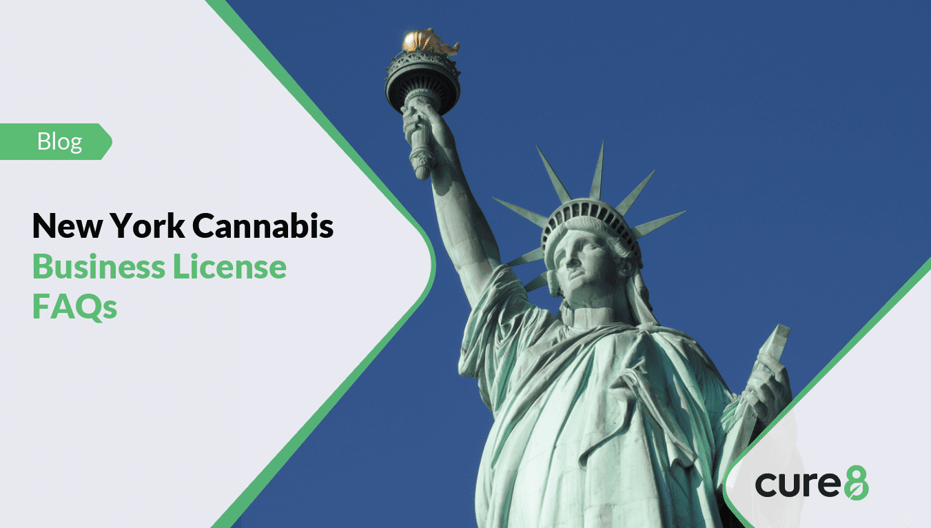 Image of the Statue of Liberty against a clear sky, with text overlay displaying 'New York Cannabis Business License FAQs.