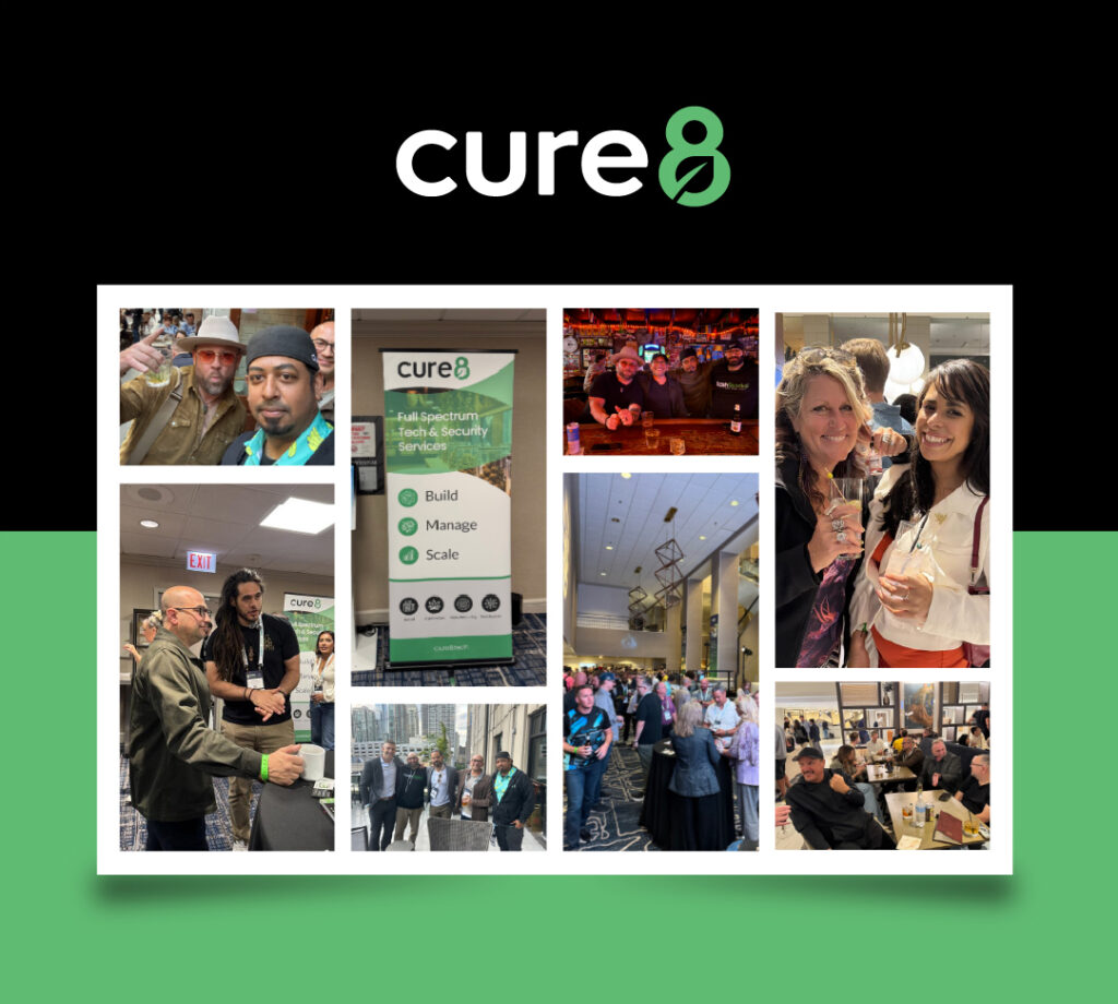 Collage of Cure8 team and attendees networking at Benzinga Cannabis Capital Conference 2025, showcasing Cure8 booth, tech solutions banner, and event highlights.