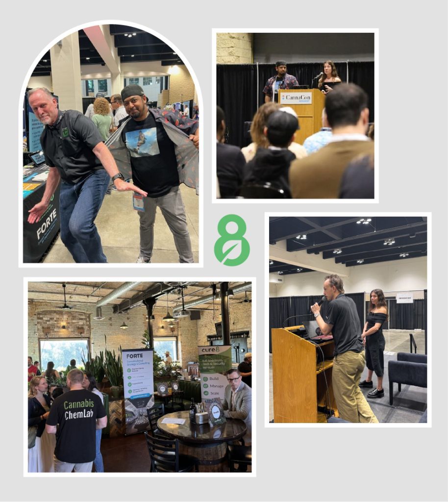 Cure8 at CannaCon MN 2025: booth banners, talks at the podium, and operators connecting on the show floor